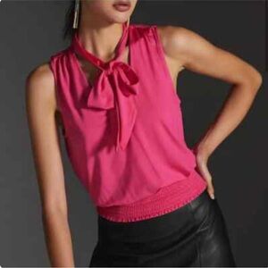 Anthro tie neck blouse in raspberry pink, ruffle bow blouson style smocked waist